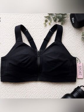 VS Sport Knockout Front Zip Sports Bra 36DD High Impact NWT Black